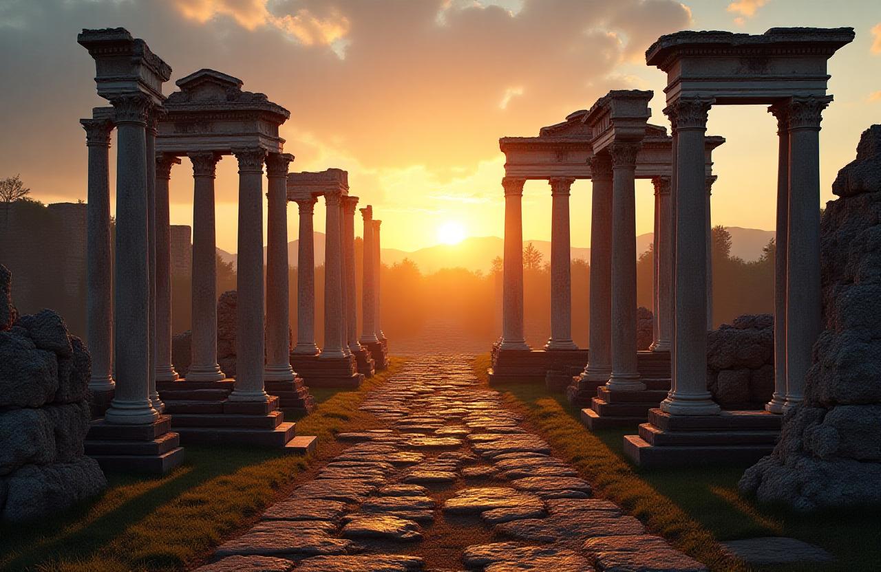 Ancient Roman ruins at sunset