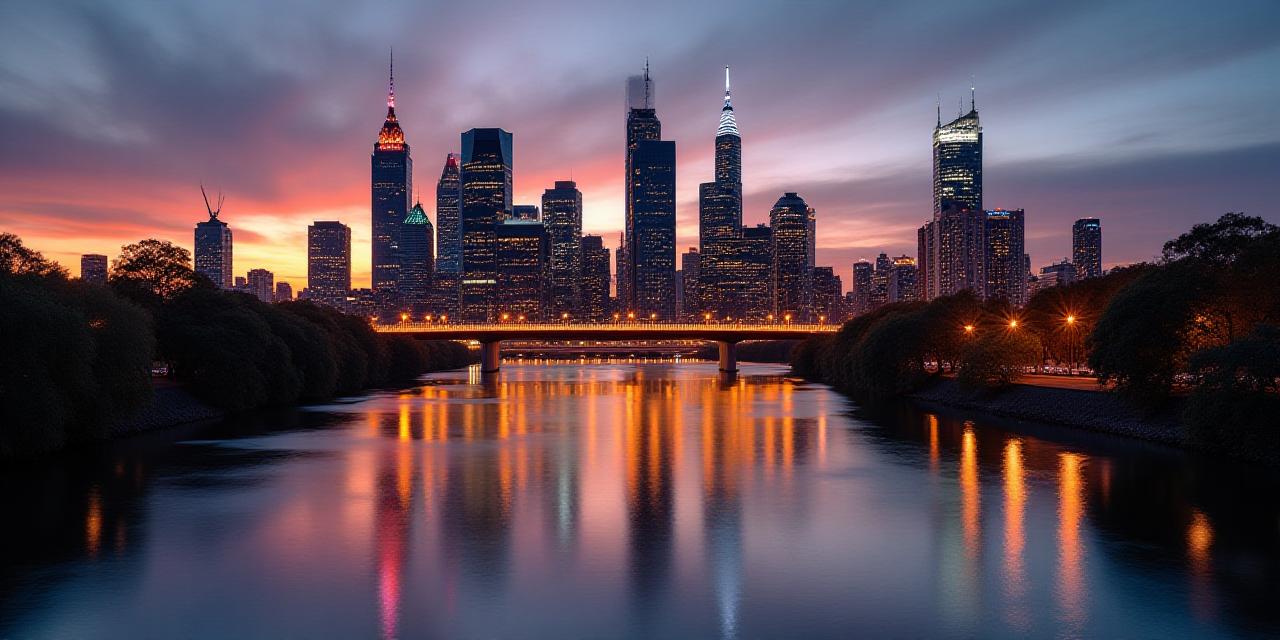 Panoramic view of Melbourne skyline at dusk